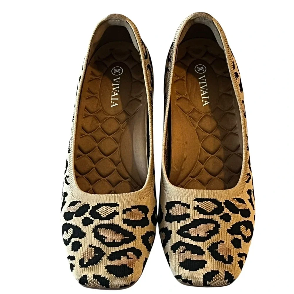NWOT Vivaia Margot Square Toe Wedge Shoes Womens‎ 38.5 Leopard Knit